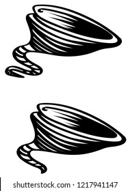 Wide-funneled black tornado silhouettes with bending tails.