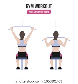 Wide-grip lat pull-down exercise. Sport exercises. Exercises in a gym. Workout. Illustration of an active lifestyle. Vector