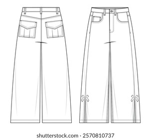 Wide-Leg Bow Hem Denim Pants Technical Fashion Illustration. Pants with Decorative Bow tie Hem Detail with Side Slits Vector Template. Front and back View. Five-Pocket Design. Women’s Wear. CAD mockup