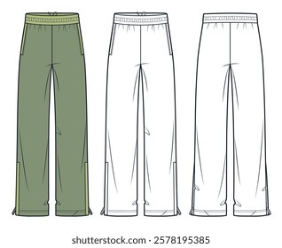 Wide-Leg Elastic Waist Pants fashion flat technical drawing template. Jogger Pants technical fashion illustration, pockets, side zippers, front, back view, white, green, women, men, unisex CAD mockup.