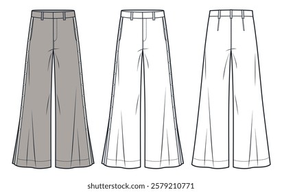 Wide-Leg Flared Pants with Side Snap Button Details fashion technical drawing template. Classic Trousers technical fashion illustration, pockets, front, back view, white, beige, women, men CAD mockup.