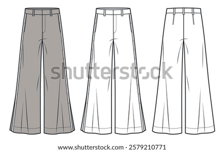 Wide-Leg Flared Pants with Side Snap Button Details fashion technical drawing template. Classic Trousers technical fashion illustration, pockets, front, back view, white, beige, women, men CAD mockup.