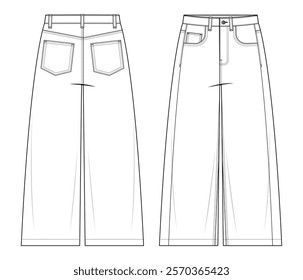 Wide-Leg High-Waist Pants Technical Fashion Illustration. Full-Length Pants with Functional Coin Pocket Vector Template. Front and back View. Relaxed Fit. Casual ladies wear. White Color. CAD Mockup.