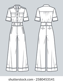 Wide-Leg Jumpsuit with Short Sleeves technical fashion flat sketch. Casual Jumpsuit fashion flat technical drawing template, pockets, buttons, front, back view, white, women, men, unisex CAD mockup.