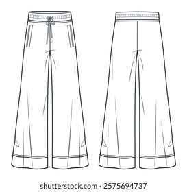 Wide-Leg Pants fashion flat technical drawing template. Jogger Pants technical fashion illustration, elastic waist, pockets, relaxed fit, front and back view, white, women, men, unisex CAD mockup.