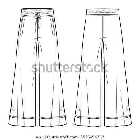 Wide-Leg Pants fashion flat technical drawing template. Jogger Pants technical fashion illustration, elastic waist, pockets, relaxed fit, front and back view, white, women, men, unisex CAD mockup.