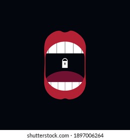 widely open mouth with red lips and white teeth, created in flat on a black background, trying to laugh or shout but can't, locked