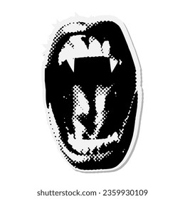 Widely Open vampire mouth with fangs - Halloween halftone mixed media collage paper sticker. Dotted Vintage illustration in 90s zine Paper piece style.