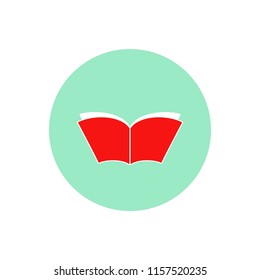 Widely opened book with white pages like wings and red cover in turquoise circle. Flat study and knowledge icon isolated on white. Vector illustration. Education logo. Library pictogram.