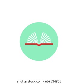 Widely opened book with white pages like wings and red cover on turquoise circle.  Isolated on white. Flat reading icon. Vector illustration. Education logo. Library pictogram.