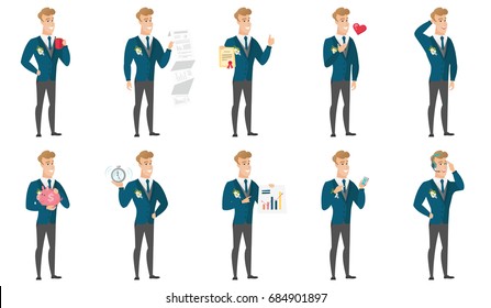 Widely smiling caucasian groom holding a pink piggy bank with a dollar sign. Full length of young groom with a piggy bank in hands. Set of vector flat design illustrations isolated on white background
