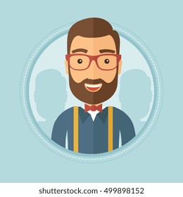 Widely smiling happy hipster businessman with beard standing with some shadows of his coworkers behind. Business teamwork concept. Vector flat design illustration in the circle isolated on background.