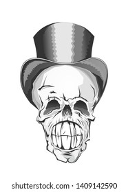 Widely smiling skull in top hat. Laughing skull in a hat. Skull with a lower jaw. Human skull in a cylinder hat. Black and white vector illustration