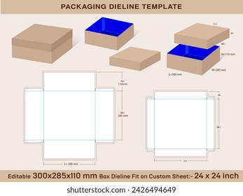 Wider Box 300x285x100 mm, Lid H=45 mm Dieline Template