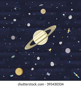 The wider version of Flat Seamless Outer Space Pattern series. Depicting Saturn and its moons orbited by satellites. Vector compatible with smaller Flat Seamless Outer Space Pattern series.