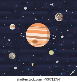 The wider version of Flat Seamless Outer Space Pattern series. Depicting Jupiter and its moons orbited by satellites. Vector compatible with smaller Flat Seamless Outer Space Pattern series.