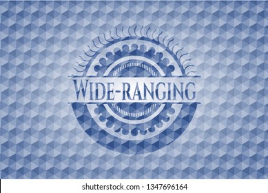 Wide-ranging blue badge with geometric pattern background.