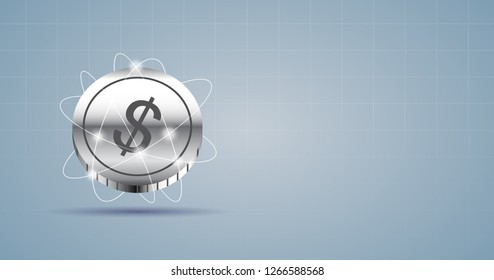 Widescreen Abstract financial background with dollar sign in network sphere on gradient grey color 