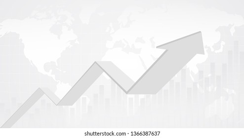 Widescreen abstract financial chart with 3d uptrend line graph arrow and world map on gradient black and white color background