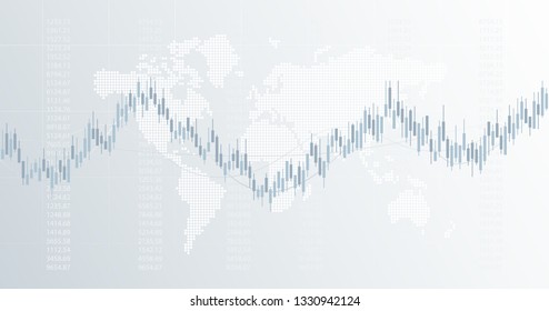 Widescreen abstract financial chart with candlestick graph and world map on black and white color background