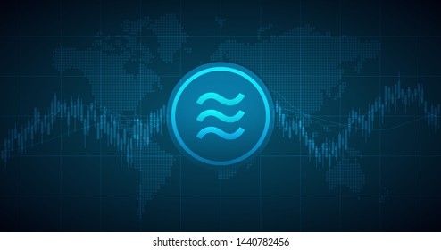 Widescreen Abstract financial chart with libra currency symbol and world map on blue color background