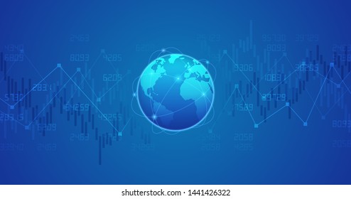 Widescreen Abstract financial chart with line graph and globe on blue color background