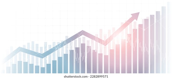 Widescreen abstract financial chart with moving up arrow graph and glowing light on white color background