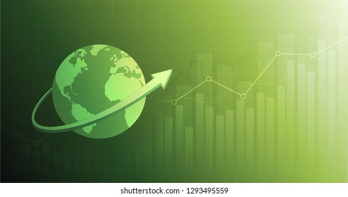 widescreen Abstract financial chart with up trend line graph and arrow around globe on green color background