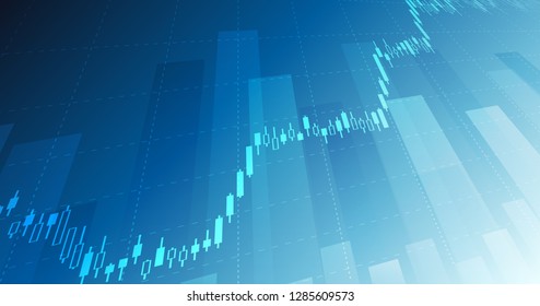 Widescreen Abstract financial chart with uptrend line graph and candlestick on blue color background