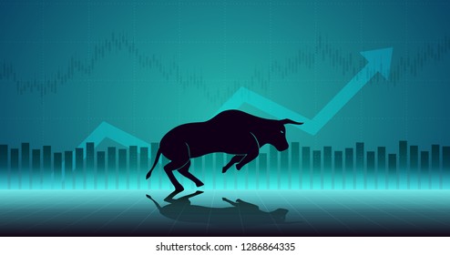 Widescreen Abstract Financial Chart With Uptrend Line Graph Arrow And Walking Bull Icon In Stock Market On Blue Color Background