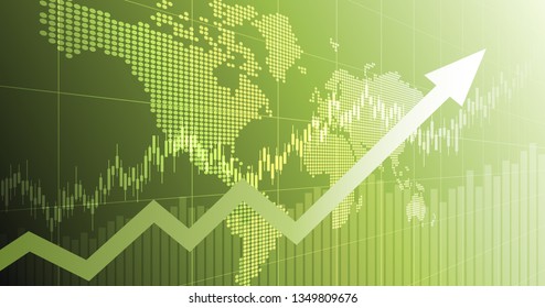 widescreen abstract financial chart with uptrend line arrow graph and world map on green color background