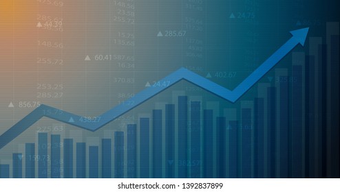 Widescreen abstract financial chart with uptrend line graph arrow and numbers in stock market on blue color background