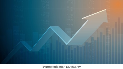 Widescreen abstract financial chart with uptrend line graph arrow in stock market on blue color background