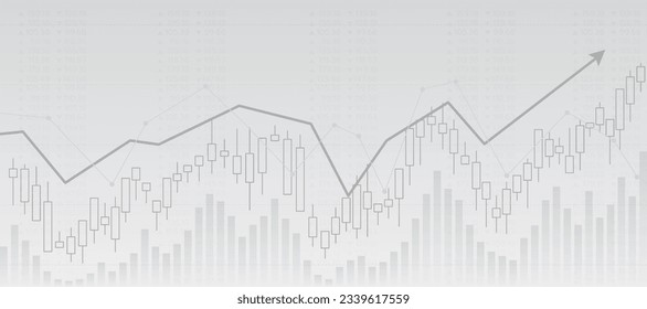 Gráfico financiero abstracto de pantalla ancha con gráfico de líneas de flecha ascendente y candelabro sobre fondo gris,gráfico de líneas en el mercado de valores sobre diseño vectorial de fondo gris