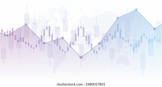 Gráfico financiero abstracto panorámico con gráfico de línea de tendencia ascendente y mapa del mundo sobre fondo de color azul