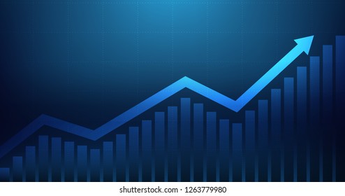 Widescreen Abstract financial graph with uptrend line arrow and bar chart of stock market on blue color background