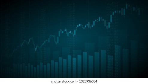 Widescreen Abstract financial graph with uptrend line and bar chart of stock market in blue color background