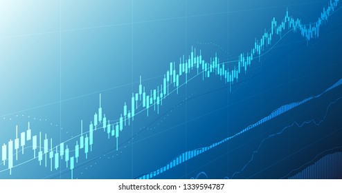 Widescreen Abstract financial graph with uptrend line and candlestick chart of stock market in blue color background