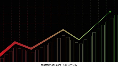 widescreen abstract financial graph with uptrend line arrow and bar chart in stock market on black color background