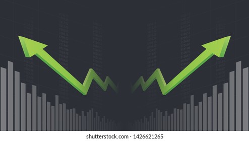 Widescreen Abstract financial graph with uptrend line arrow and bar chart of stock market in black color background