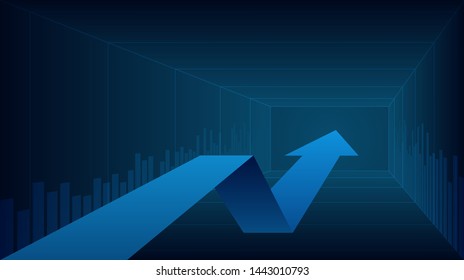 Widescreen Abstract financial graph with uptrend line arrow and bar chart of stock market on blue color background