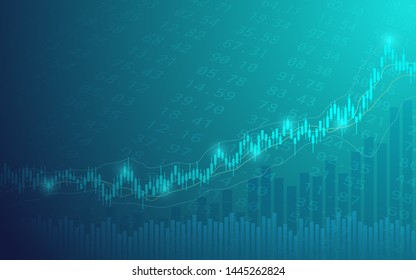 Widescreen Abstract financial graph with uptrend line and bar chart of stock market on blue color background