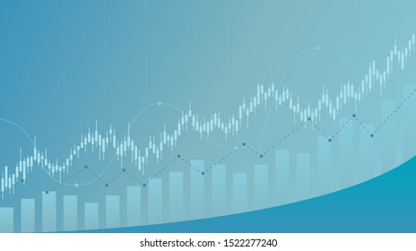 Widescreen Abstract financial graph with uptrend line and bar chart of stock market on blue color background