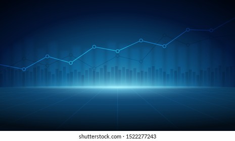 Widescreen Abstract financial graph with uptrend line and bar chart of stock market on blue color background