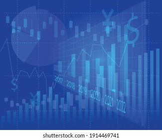 Widescreen Abstract financial graph with uptrend line and bar chart of stock market on blue color background 