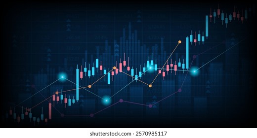Widescreen Abstract financial graph with uptrend line and bar chart of stock market on blue color background