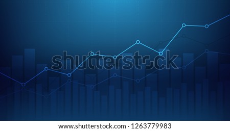 Widescreen Abstract financial graph with uptrend line and bar chart of stock market on blue color background