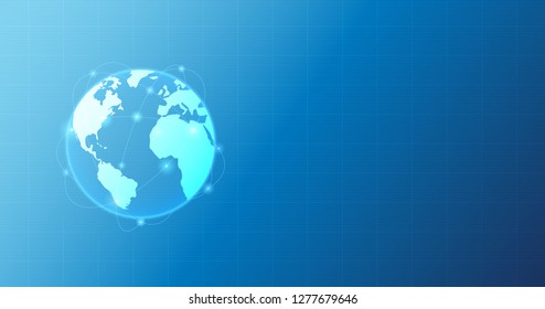Widescreen Abstract technology with globe network connection on blue color background