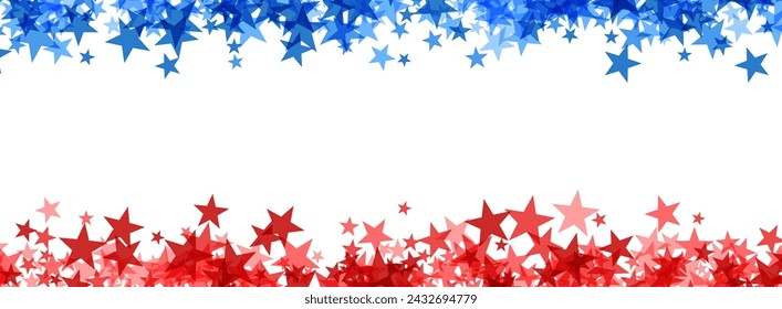 A widescreen banner featuring a dense cluster of red and blue stars forming a celebratory border against a white backdrop