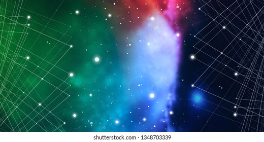 Widescreen futuristic technology illustration in front of outer space background with copy space.Cyberspace and network connection design template with glowing particles and geometric lines.
